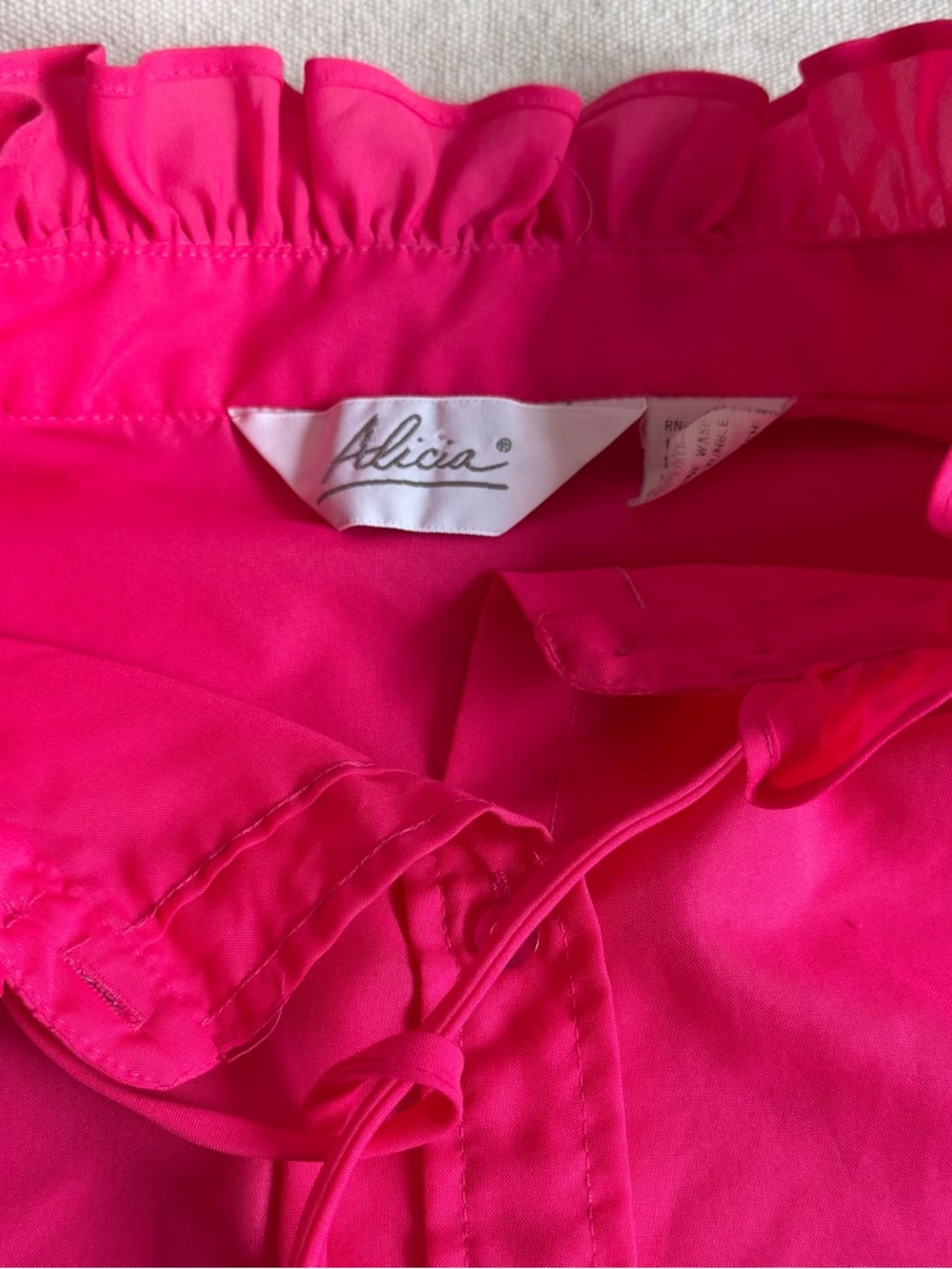 Vintage Alicia Hot Pink Ruffle Mock Neck Blouse 1970s Secretary Pussybow Top 42 - Picture 4 of 12